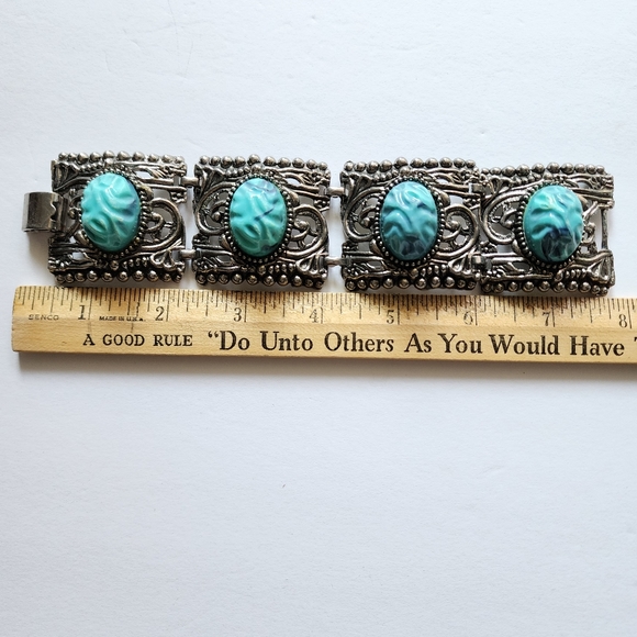 Vintage Faux Turquoise Filigree Bracelet - Picture 8 of 10